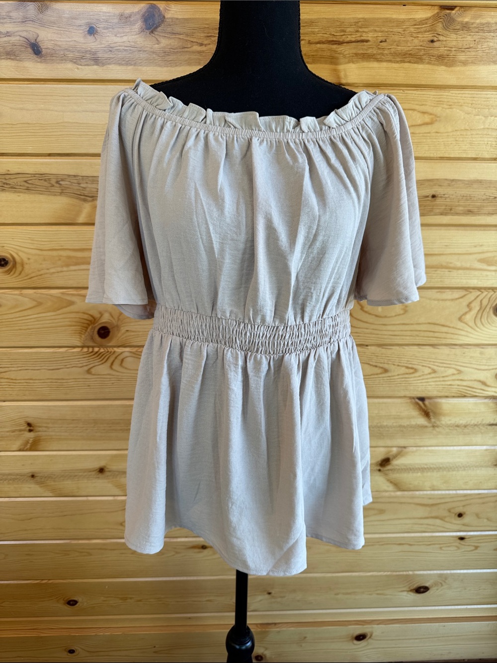 Women's Beige Off-Shoulder Smocked-Waist Tunic Top